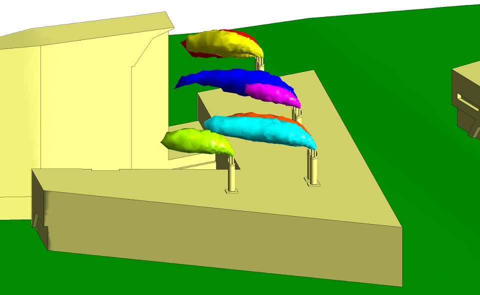 Isosurfaces. Wind from NNE at 2.5 m s<sup>−1</sup>